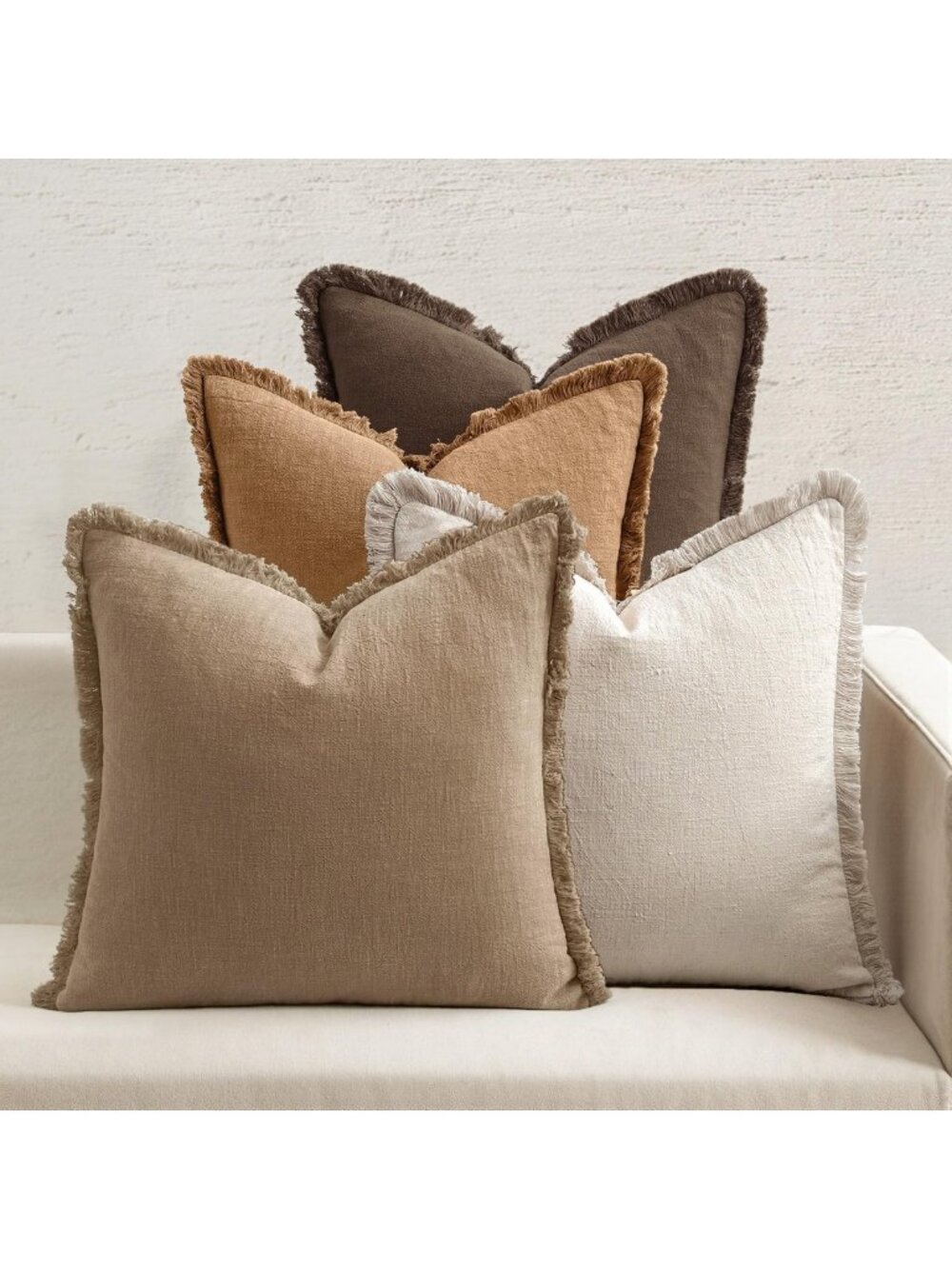 Cozy Fall Linen Fringe Pillow Covers Set of 4 | 18x18 Neutral Brown Decor